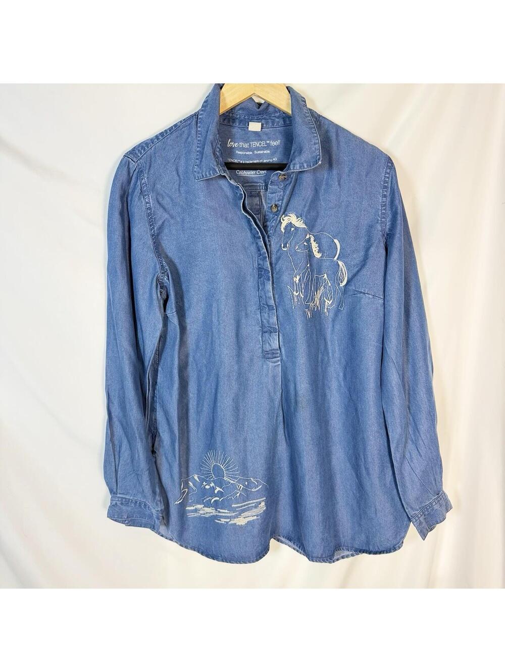 Coldwater Creek Womens XL Horse Button Back Shirt Blue Chambray Tencel Western
